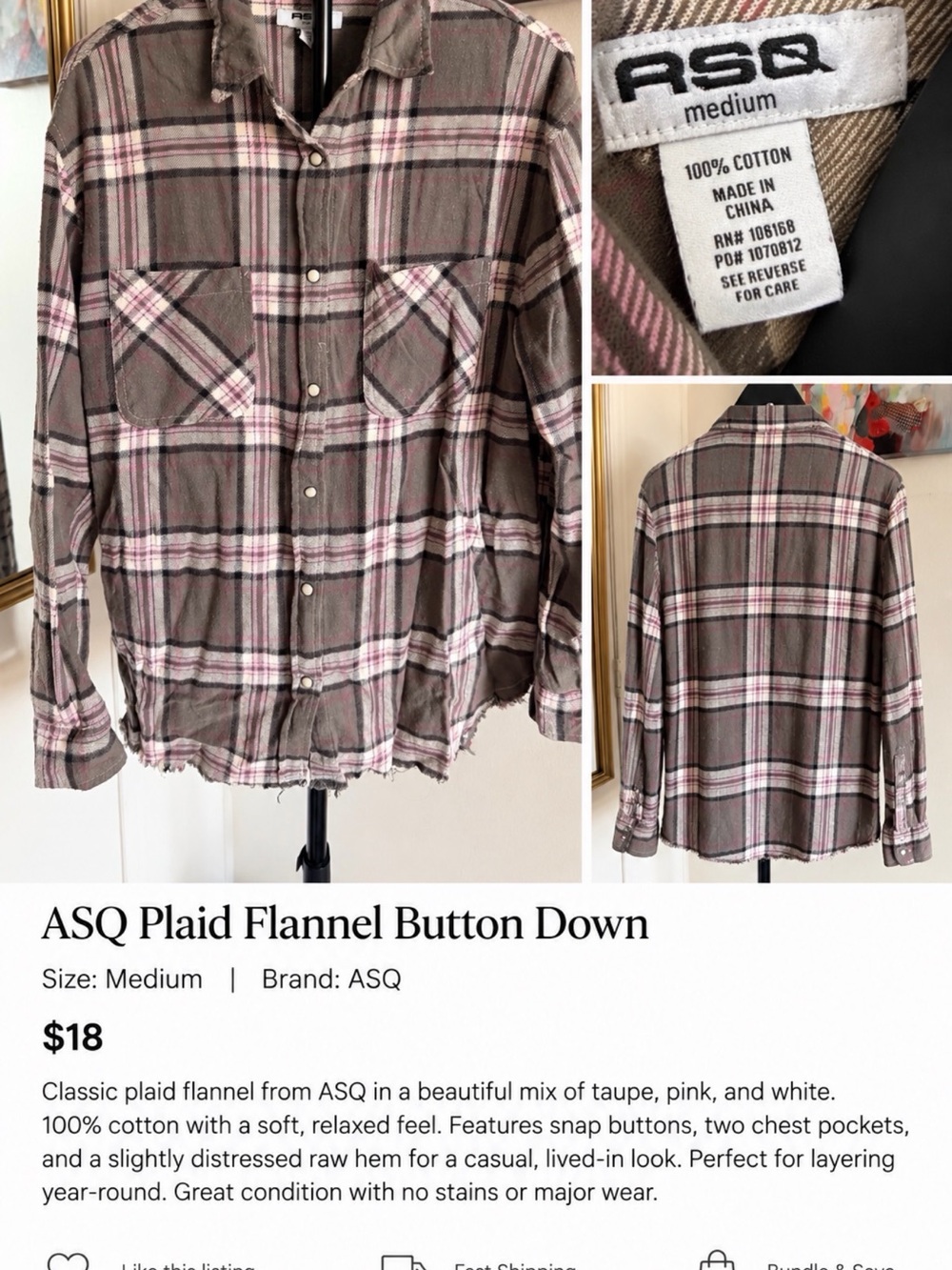 RSQ Taupe & Pink Plaid Cotton Button-Down Shirt